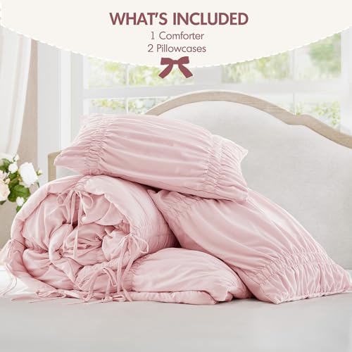 Pink Queen Comforter Set with Ruched Shabby Chic Design - 3 Piece Full/Queen Bedding