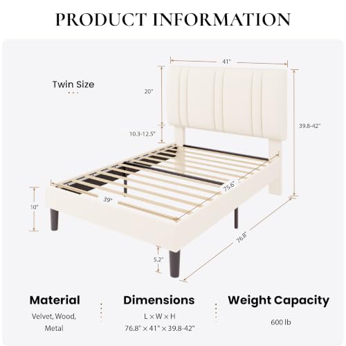 Cream Velvet Twin Size Bed Frame with Adjustable Headboard - SHA CERLIN