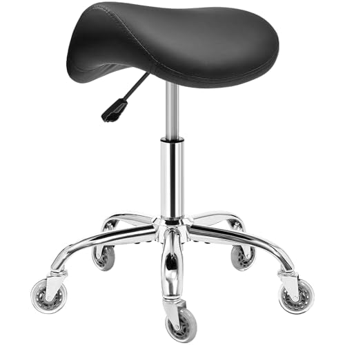 BEWISHOME Ergonomic Rolling Saddle Stool, Height-Adjustable Rolling Swivel Saddle Stool Chair with Thickened Saddle Seat Padding, for Salons, Spas, Office, Black BMD02B
