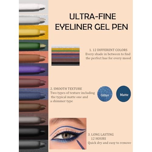 Shimmer Black Gel Glitter Eyeliner Pencil, Metallic Waterproof Smudge-Proof Creamy Retractable Smooth Eye Liner pencil, Hypoallergenic Long Lasting Eyeliner Brightener Pen Eye Makeup Gift for Women#12