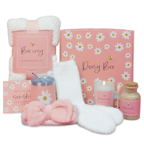 DaisyBee(7PC) Birthday Gift Hamper for Women, Get Well Soon Gift Set, Self Care Gifts for Girls with Cozy Blanket, Bow Headband, Aroma Candle, Tumbler, Mothers Day Gifts, Relaxation Care Package Set