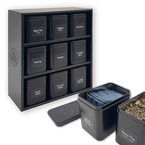 Black AllSpice Tea Organizer Rack with 9 Tins & Magnetic Labels – Kitchen Storage