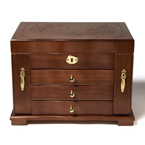 FEECOZ Wooden Jewelry Box for Women with Mirror & Lock - Dark Brown Rose Pattern