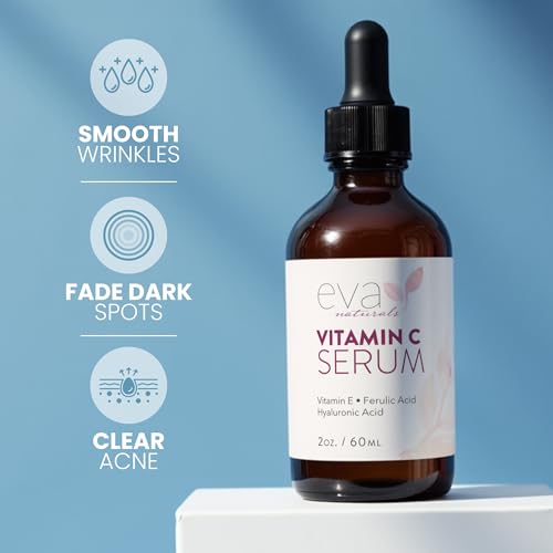 Eva Naturals Vitamin C Serum for Face - 20% Vit C with Hyaluronic Acid, Ferulic Acid & Vitamin E - Facial Serum for Dark Spots, Acne, Anti Aging, Glow & Even Skin Tone, 2 Fl Oz