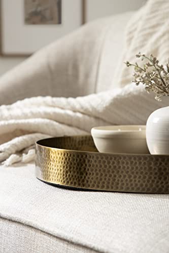 Gold 17-Inch Round Decorative Metal Tray with Hammered Surface - Modern Glam