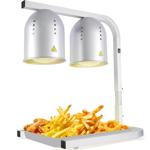 Food Heat Lamp with 2 x 250W Bulbs - Silver, Adjustable Stand, 5000+ Hours