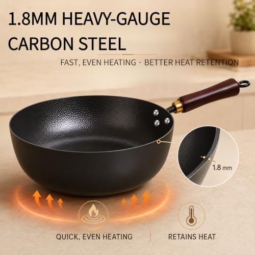 11-Inch Carbon Steel Wok with Flat Bottom & Detachable Handle – Deep Frying Pan for All Cooktops