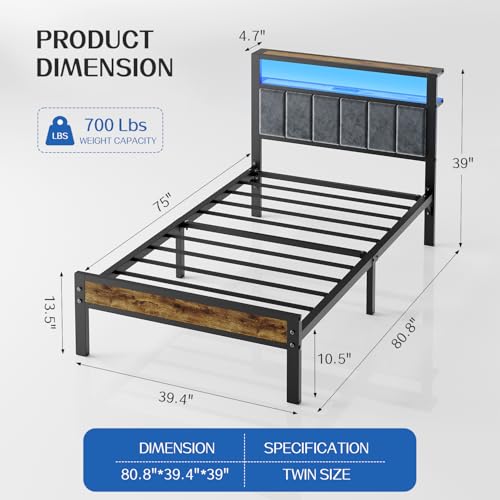 Twin Size Bed Frame with LED Lights and Upholstered Headboard - Grey