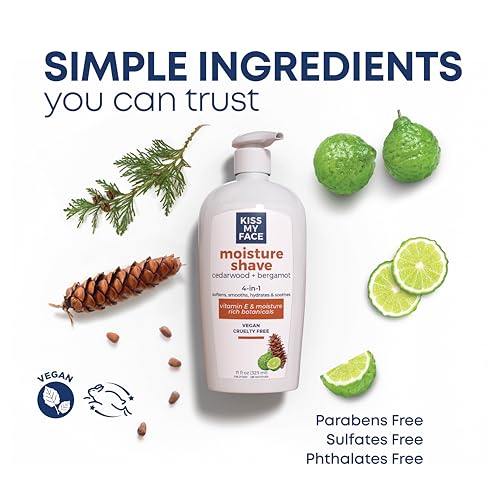 Kiss My Face Cedarwood + Bergamot Moisture Shave - 4 In 1 Shaving Cream - Cruelty Free and Vegan - With added Olive Oil and Aloe Leaf Extract - Vitamin E Rich - 11 fl oz Pump Bottle (Pack of 2)
