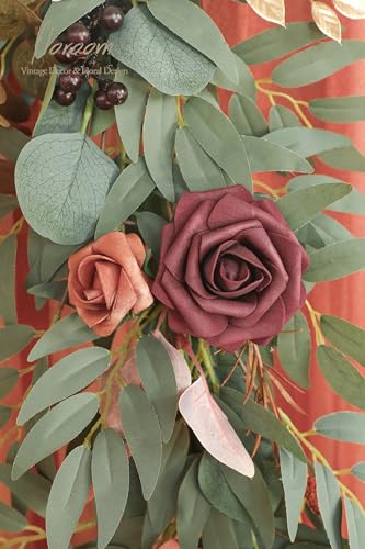 Artificial Eucalyptus Garland 6ft with Flowers Sunset Terracotta Faux Floral Vine for Wedding & Home Decor