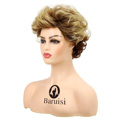 Short Fluffy Brown & Blonde Wigs for Women Natural Look Synthetic Curly Hair with Bangs