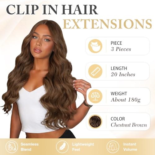 Clip-In Hair Extensions 20 Inch Wavy Brown Synthetic Hair - Chestnut Brown