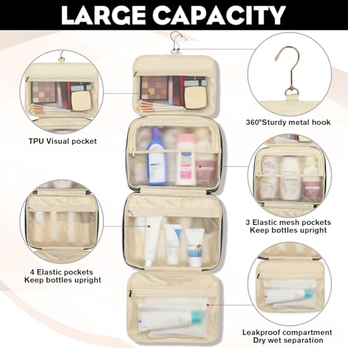 Large Waterproof Vegan Leather Hanging Toiletry Bag with Wet-Dry Compartments - Travel Organizer