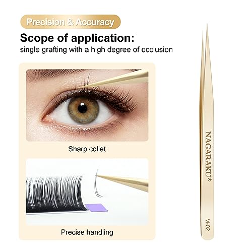 NAGARAKU Tweezers for Eyelash Extensions Straight and Curved Precision Professional Volume Easy Fanning lash Precise Point 1 Pair Tweezers for Lash(M-01 and M-02)