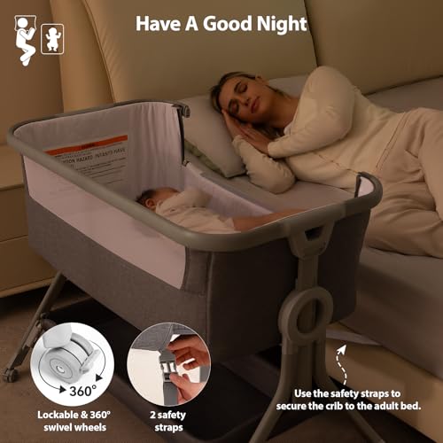 Baby Bassinet Bedside Crib - 3-in-1 Portable Infant Sleeper with Adjustable Height