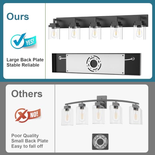 Matte Black Bathroom Light Fixtures - 5-Light Modern Vanity with Clear Glass Shades - Black / 5-Light