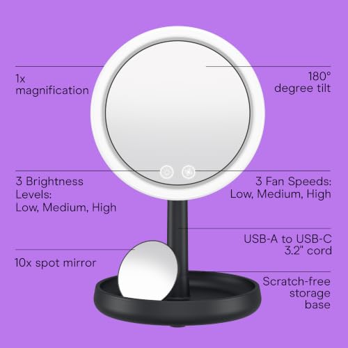 Black Lighted Makeup Mirror with Magnification & Cooling Fan - Conair CoolGlow