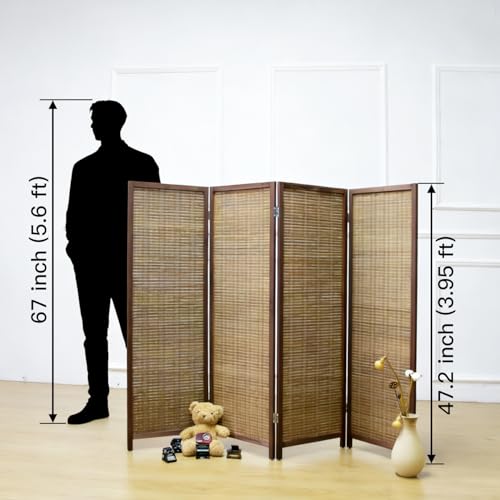 4 Panel Short Room Divider Screen Brown Freestanding Bamboo Panel Partition - 47.2" H x 61.4" W, 4-Panel
