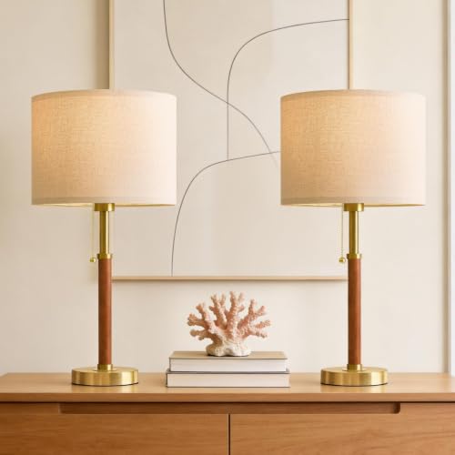 Mid Century Modern Wood & Gold Table Lamp - 22 Inch Nightstand Lamp for Bedroom & Living Room