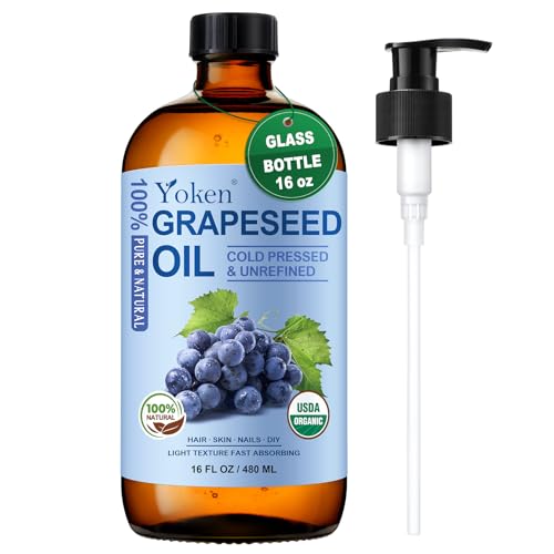 Organic Grapeseed Oil 16 oz GLASS BOTTLE - USDA 100% Pure & Natural Cold Pressed Grape Seed Carrier Oil for Skin & Hair - Single Ingredient, Hexane Free, Light & Silky Body Moisturizer