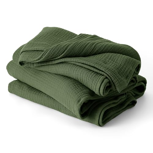 King Size Cotton Muslin Blanket - 4-Layer Olive Green Bed Cover - Bedsure