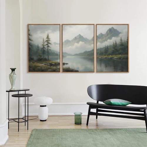SIGNINART Large Green Forest Framed Canvas Wall Art Set, 3 Panels, 16x24 inches, Misty Mountain Lake Nature Decor for Living Room & Bedroom