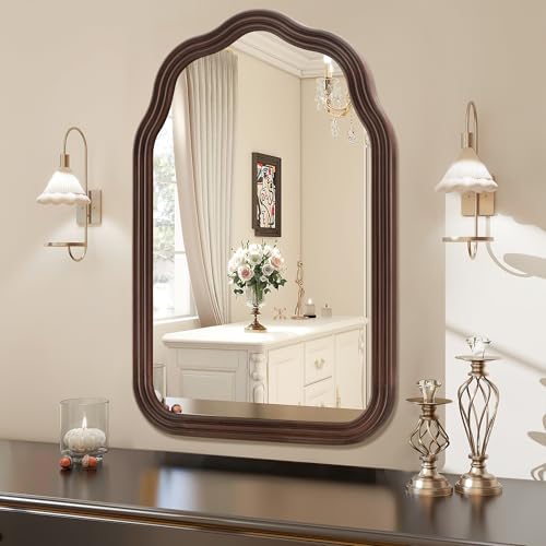 36 Inch Wavy Arch Wooden Bathroom Mirror - Rustic Wall Decor, Dark Brown
