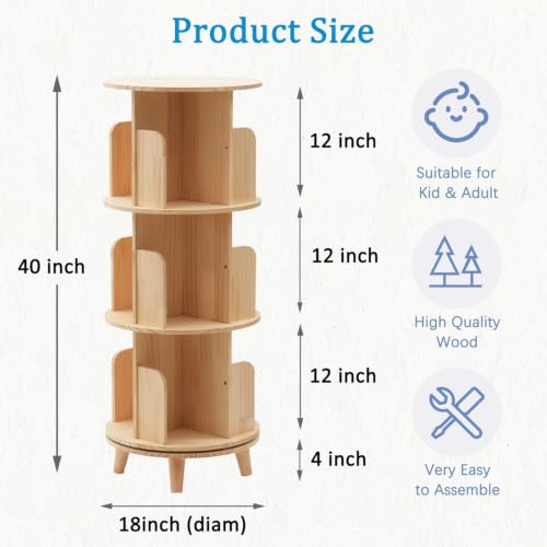 3 Tier Rotating Bookshelf - Wooden Round Floor Standing Bookcase with Legs