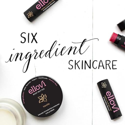 Ellovi Natural Lip Butter Lip Balm - Vanilla - Pure Enough to Eat - Made With Just 6 Vegan Ingredients - 100% Natural & Organic Moisturizing Lip Care for All Day Hydration (4-Pack)