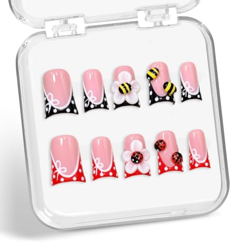 D-409-0 10pcs Short Square Black Red Polka Dot Fake Nails with 3D Bee & Ladybug Designs - Hand Made Flower Stick On Nails Kit for Women