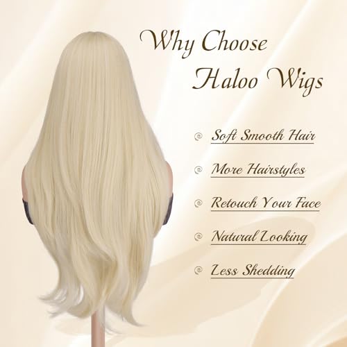 Haloo Platinum Blonde Wigs with Bangs - 26 Inch Long Wavy Synthetic Hair for Women