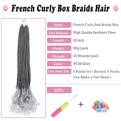 French Curl Crochet Braids 22 Inch 6 Packs - Gray Goddess Box Braids with Curly Ends