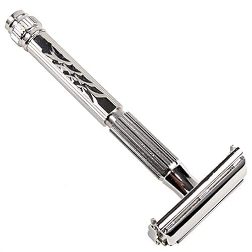 Parker 60R Long Handle Butterfly-Open DE Safety Razor for Men ? Solid Brass, Nickel-Plated Wet Shaving Razor ? Includes 5 Platinum Blades?Close, Comfortable Shave, Reduces Razor Burn & Ingrown Hairs