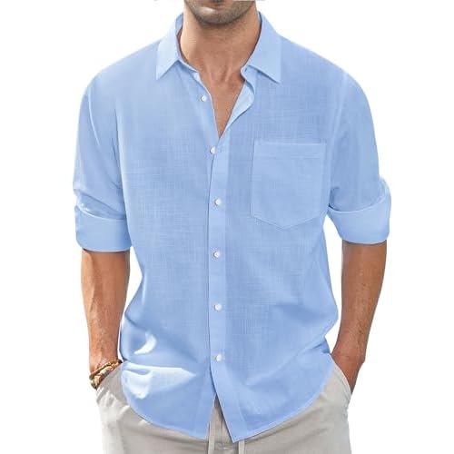 J.VER Men's Linen Shirts Casual Button Down Long Sleeve Shirt Solid Spread Collar Summer Beach Shirts with Pocket
