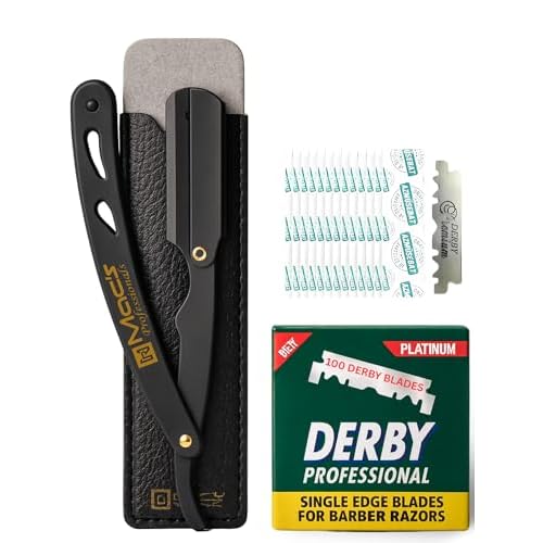 Professional Straight Razor for Men Barber Straight Edge Razor with Derby Blades and Pouch. Stainless Steel Shavette Razor for Men ? 100 Pack for Smooth, Precise Shaving