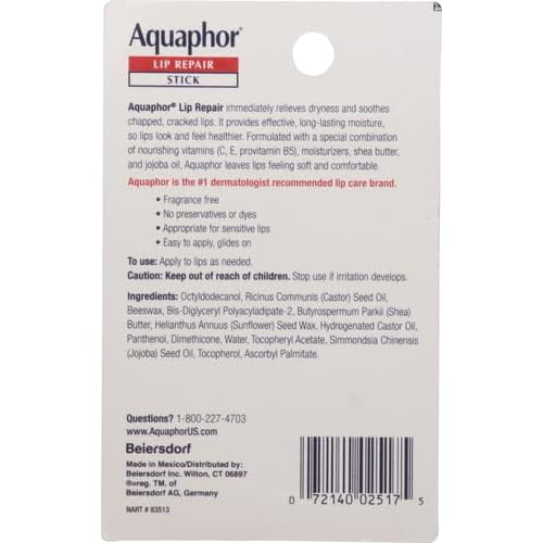 Aquaphor Lip Repair Stick, Moisturizing Lip Balm Pack, Relieves Dryness, 0.17 Oz Stick, (Pack of 4)