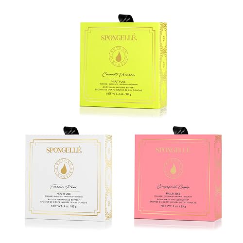 Bath Sponge with Built-In Body Wash - Coconut Verbena, Grapefruit Cassis & Freesia Pear | Gift Set with Loofah & Box - 14+ Uses