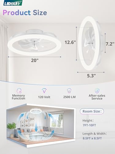 LEDIARY 20 Inch RGB Ceiling Fan with Lights & Remote - White Modern Flush Mount Fan with Dimmable & Reversible Features