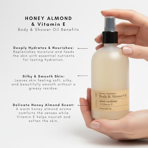 Olivia Care Honey Almond Body & Shower Oil with Vitamin E - Hydrating Daily Moisturizer for Dry Skin, 8 fl oz