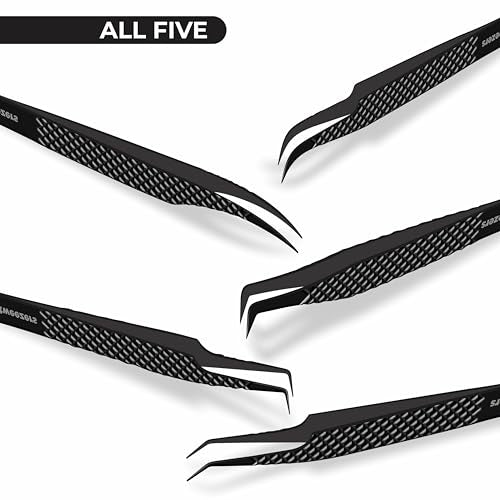 Black Lash Tweezers Set of 5 - Stainless Steel Eyelash Extension Tweezers