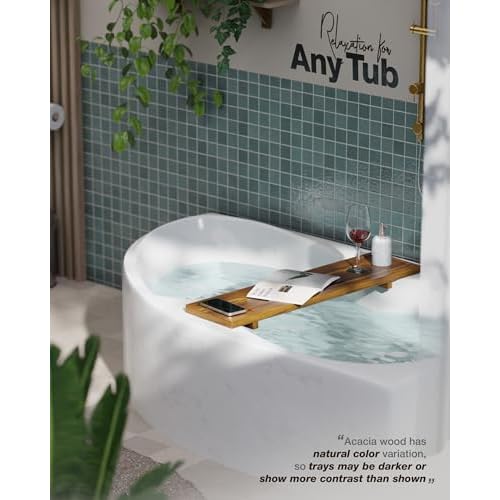 Bathtub Tray, Acacia Bath Tray for Tub, 34.6''x9'' Wooden Bathtub Caddy Tray with Adjustable Legs Fit Various Bathtubs, Anti-Tipping, Sustainable Bath Table with Wine Glass and Tablet Holder