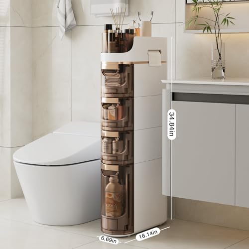 16.14 x 6.69 x 34.84 Inch Slim Bathroom Storage Cabinet with Wheels - Narrow Floor Organizer with Drawers and Towel Holder
