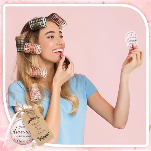 Tradder 50 Sets 2.76" Inspirational Compact Pocket Mirrors Bulk Galentines Appreciation Gifts Small Purse Makeup Mirrors Pink Souvenir Bags for Stuffer Items Women Quinceanera Employee (Awesome)