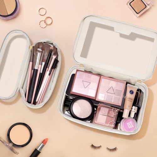 Soimeat L / Off-White Travel Clear Makeup Bag with Brush Organizer, Waterproof Cosmetic Case, Portable Women’s Toiletry Storage