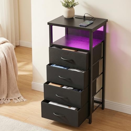 Fixwal Night Stand with Charging Station RGB LED Lights 4 Drawers - Black, 15.7"D x 11.8"W x 33.1"H