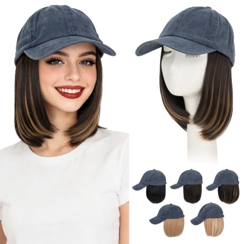 Blue Highlighted 6-Inch Distressed Baseball Cap Wig with Short Bob Hair for Women - Adjustable Vintage Hat Wig
