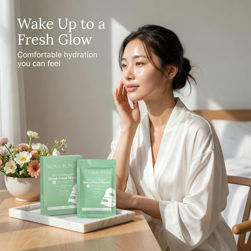 Nova Bloom Bio-Collagen Deep Overnight Mask ? Hydrating Hydrogel Face Mask for Korean Glass Skin Glow ? Low Molecular Collagen, Niacinamide & Hyaluronic Acid ? Pore Refining & Anti-Aging (Pack of 15)