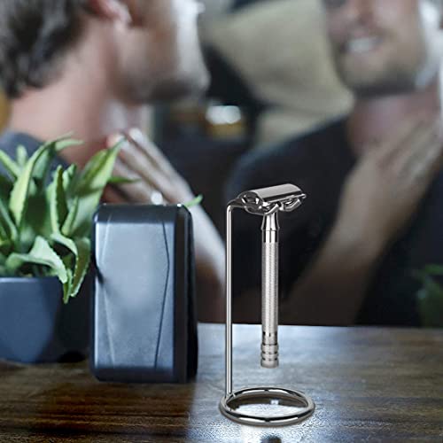 Linkidea Stainless Steel Safety Razor Stand, Shaving Stand, Travel Shaver Holder, Compatible with Long Handle Razor, Fusion 5, ProShield, Mach 3 (Silver/Polished Chrome)