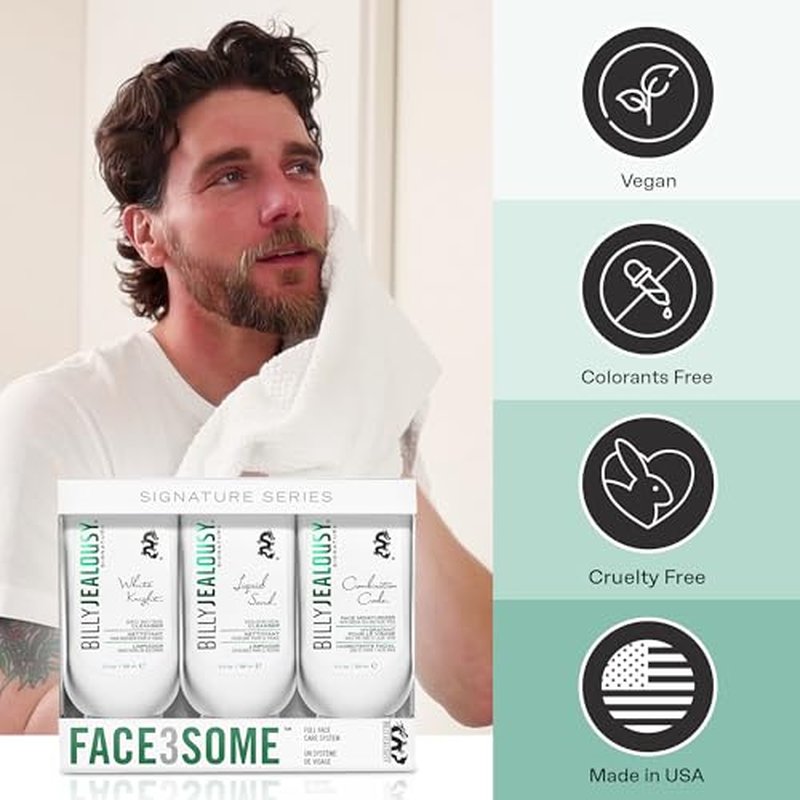 Billy Jealousy Face3Some Face Trio Vegan Mens Skin Care Kit with Travel Size Toiletries, Daily Facial Cleanser, Exfoliating Facial Cleanser and Skincare Moisturizer, Gentle Fresh Scent