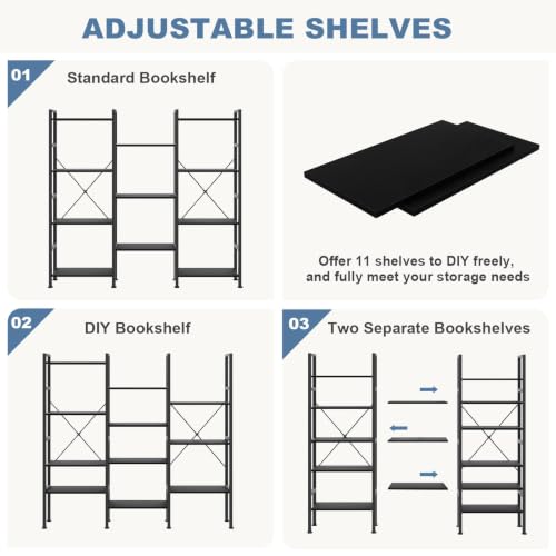 DUMOS Triple Column 4-Tier Industrial Bookshelf - Classic Black, 10.2 x 62.3 x 54.6 Inches